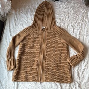 Victor Alfaro Camel Tan Hooded Zip Up Cardigan with Textured Pattern